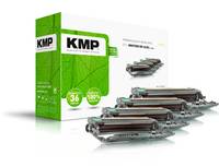 KMP-Druckertonerkassetten-Verpackung und vier Kartuschen auf weißem Hintergrund angezeigt.