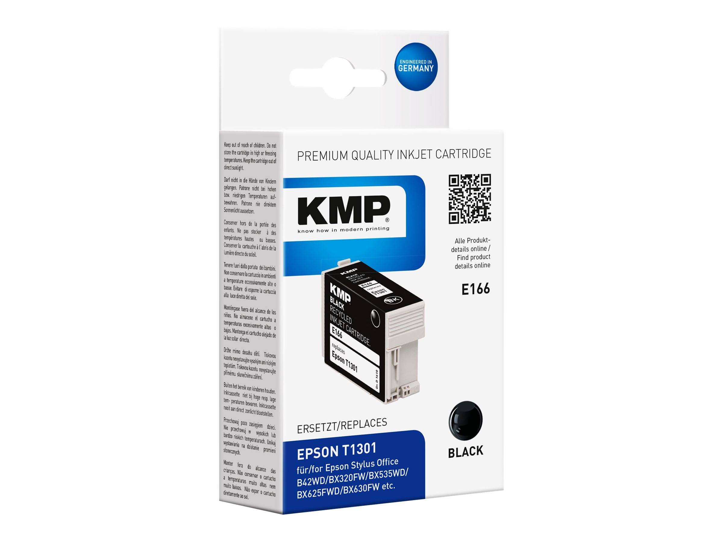 Packung einer KMP Premiumqualitäts-Tintenstrahlpatrone, die eine schwarze Epson-T1301-Ersatzpatrone (E166) mit Produktabbildung und QR-Code zeigt.