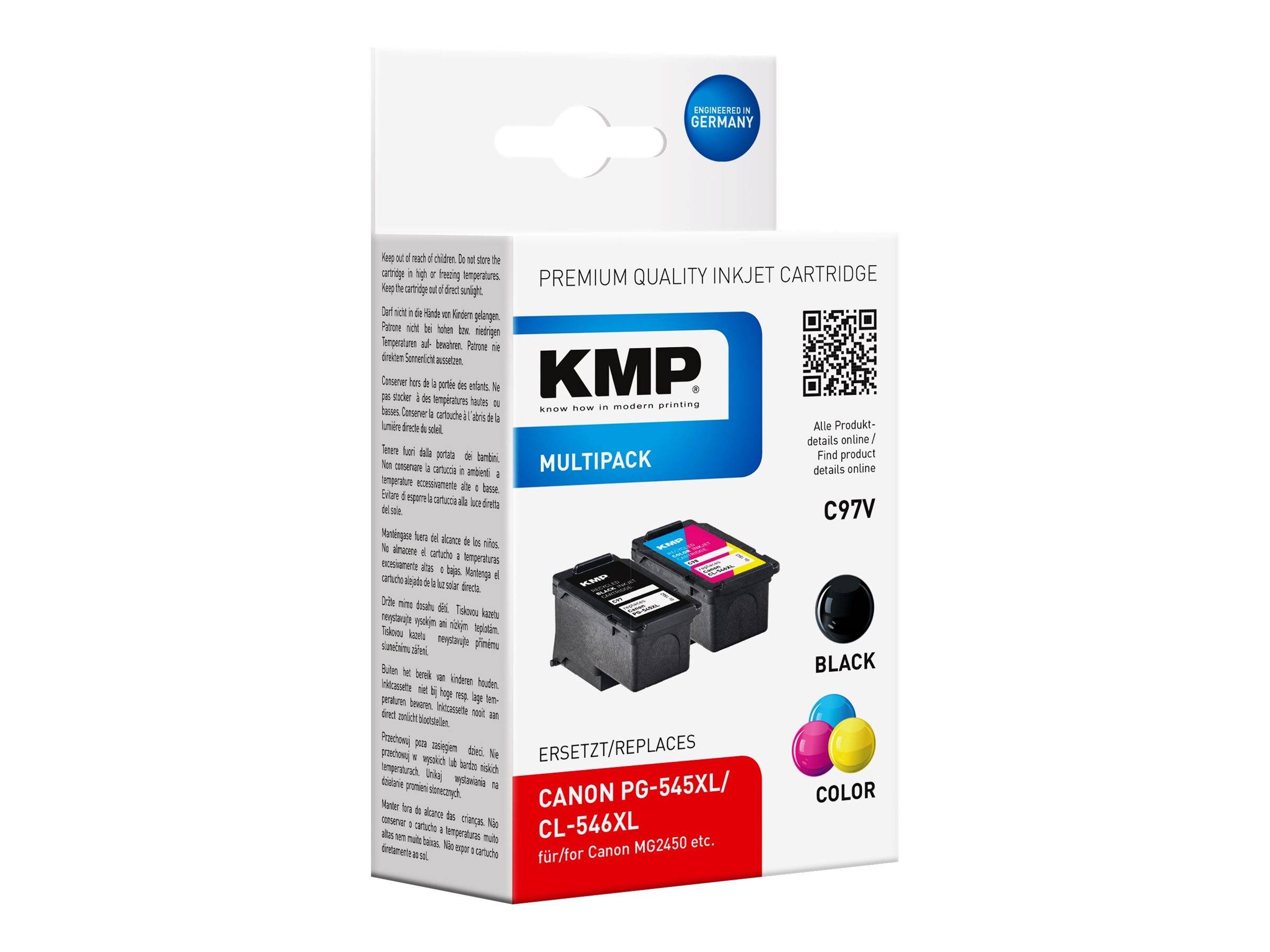 Packung KMP Premium-Qualität Tintenstrahlpatronen, Multipack für Canon PG-545XL/CL-546XL, mit Symbolen für schwarze und farbige Tinte sowie Produktabbildung.