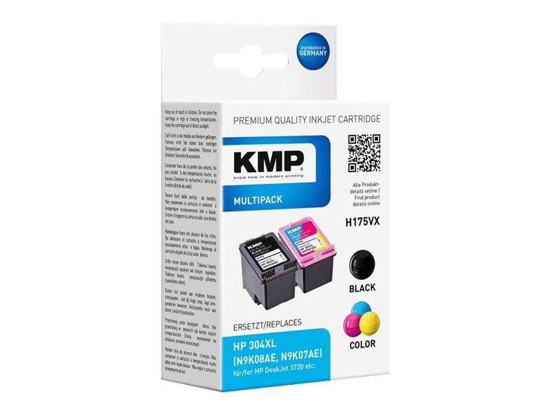 Paket hochwertiger KMP-Tintenstrahlpatronen, Multipack für HP 304XL, mit Schwarz- und Farbdruckertinte-Etiketten und Produktbild.