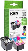 Paket mit KMP Premium-Qualitäts-Tintenpatronen für HP 301, mit schwarzen und farbigen Patronen und Druckerkompatibilitätsetiketten.