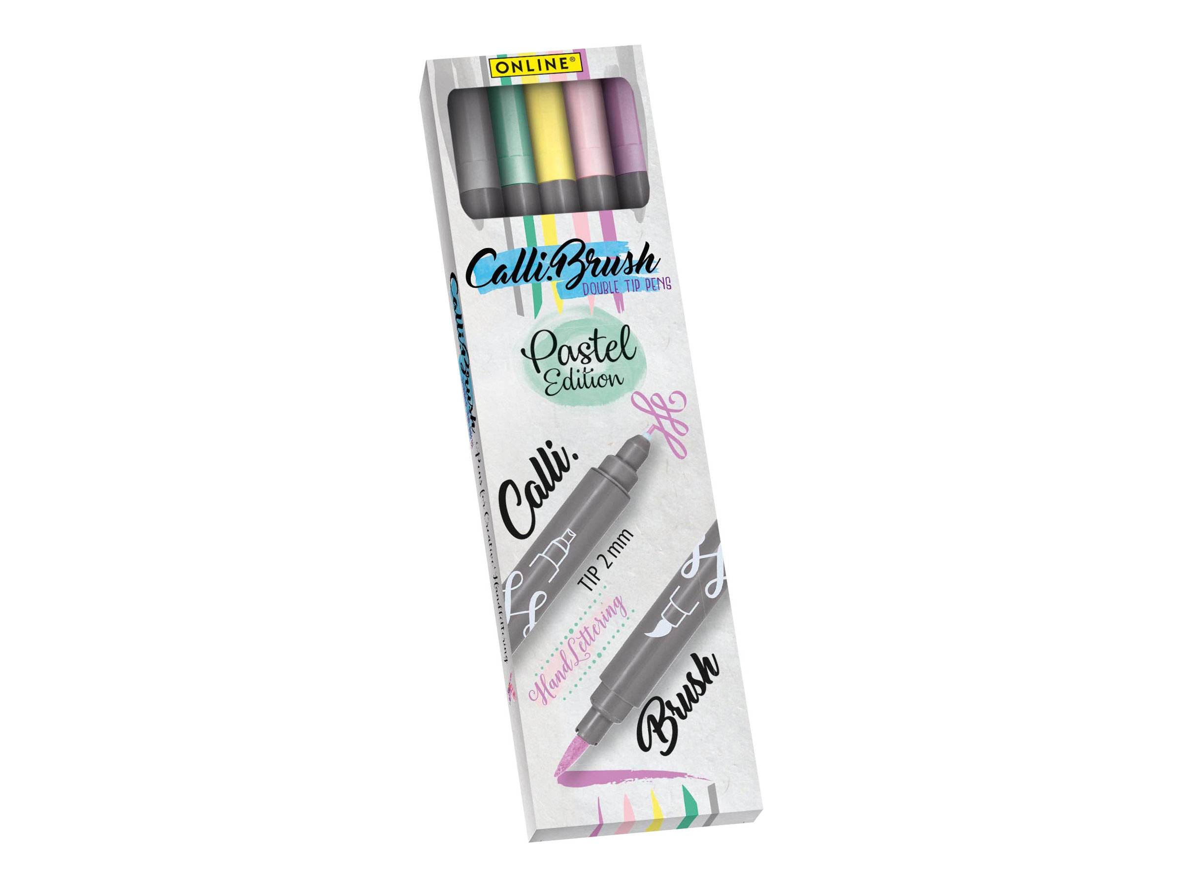 Box von Pastell-Pinselfüllern mit der Bezeichnung 'CalliBrush Pastell Edition'. Enthält die Farben Lila, Gelb, Grün und Rosa mit 1,0 mm Spitzen.