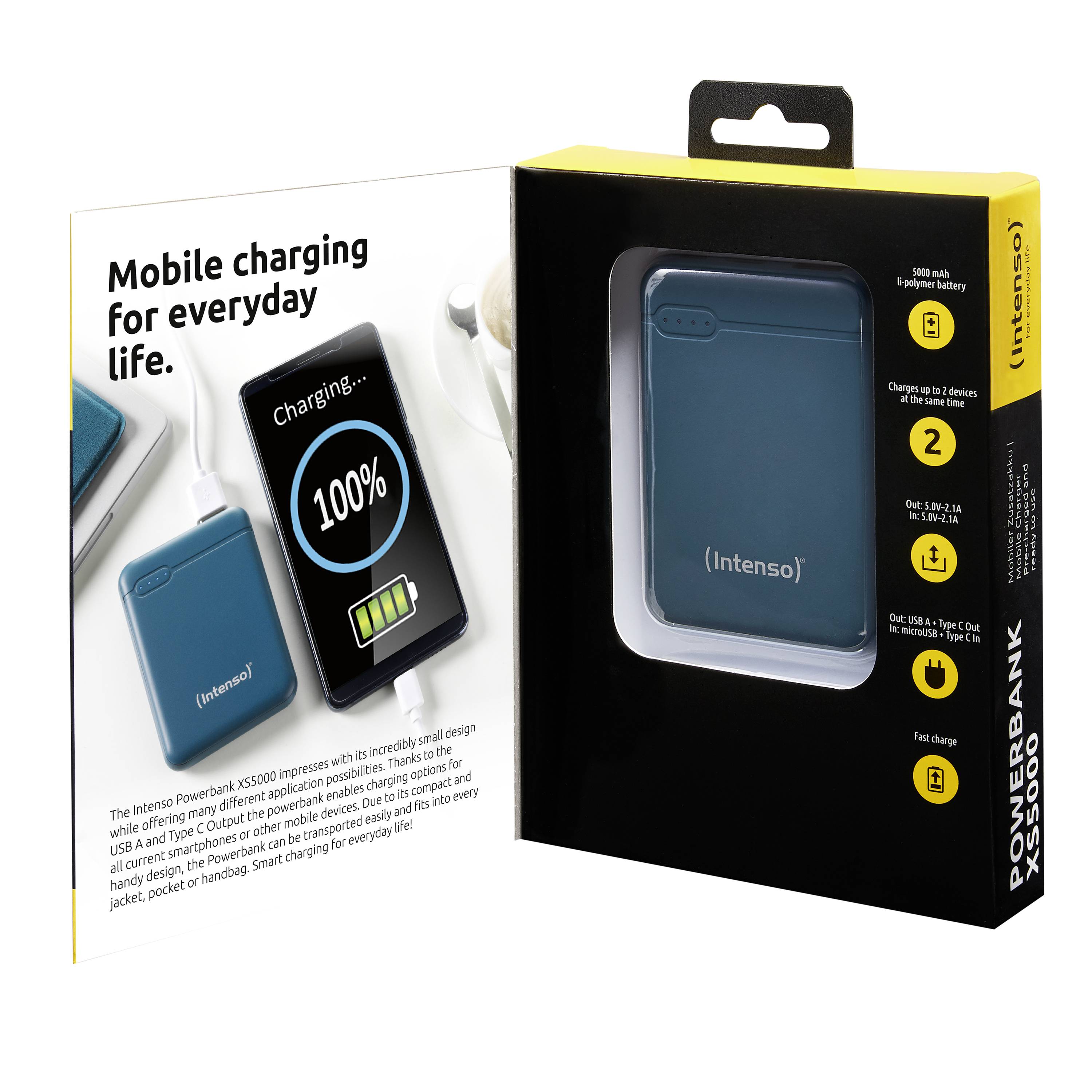 Intenso Powerbank XS5000 - Powerbank - 5000 mAh - 2.1 A - 2 Ausgabeanschlussstellen (USB, 24 pin USB-C)