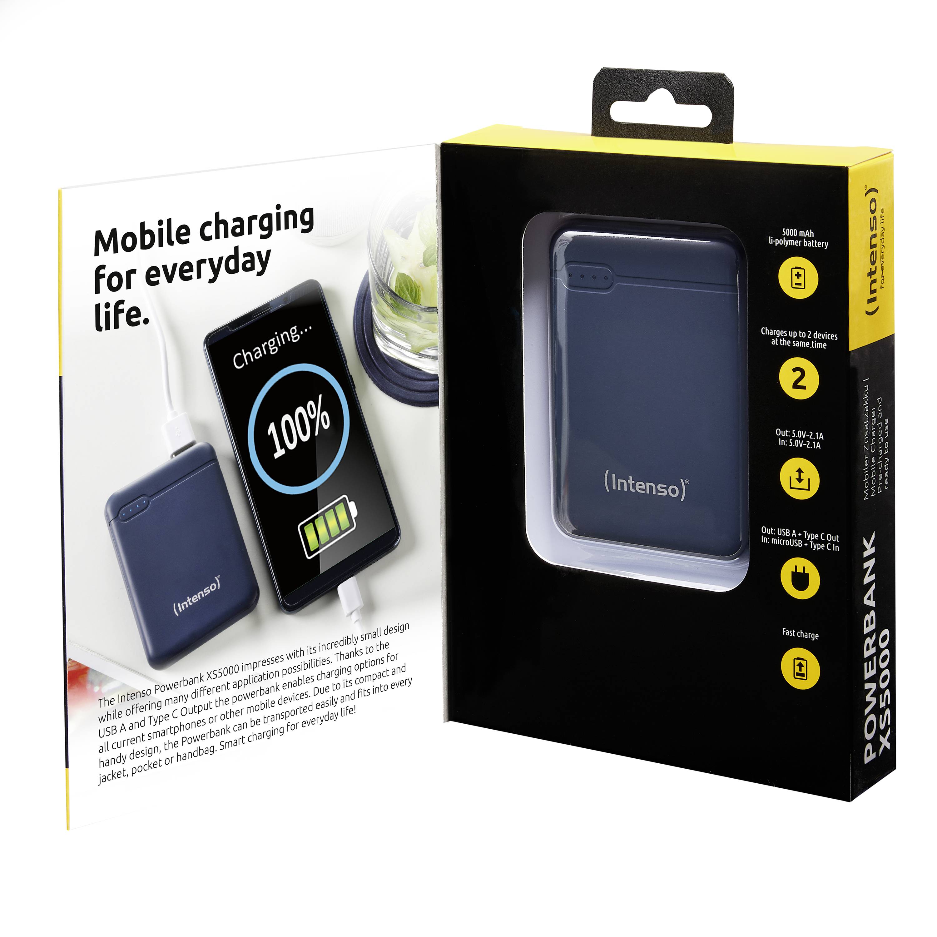 Intenso Powerbank XS5000 - Powerbank - 5000 mAh - 2.1 A - 2 Ausgabeanschlussstellen (USB, 24 pin USB-C)