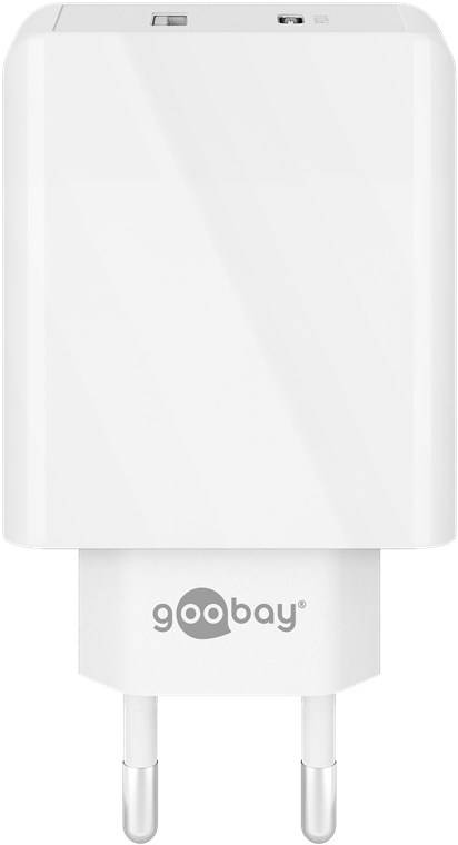 Goobay USB-Wandladegerät in Weiß mit sichtbarem Markenlogo auf der Vorderseite.