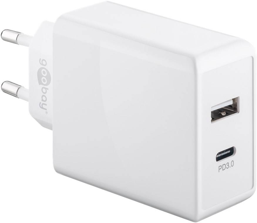 Ein weißes Wandladegerät mit zwei Anschlüssen: ein USB-A und ein USB-C mit der Bezeichnung „PD3.0