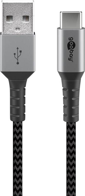 Ein Nahaufnahmebild von zwei grauen USB-Kabeln mit geflochtenen Ummantelungen, das unterschiedliche Stecker-Designs und strukturierte Griffe für einfache Handhabung zeigt.