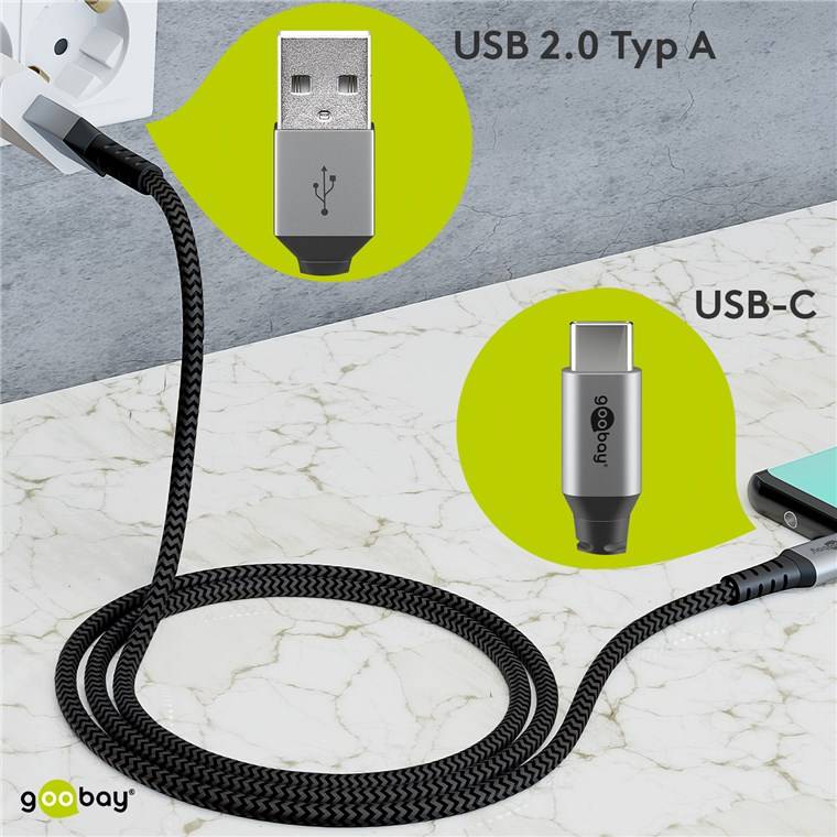 goobay Textilkabel mit Metallsteckern USB-C auf USB-A space grau/silber 0,5 m (1er Softpack)