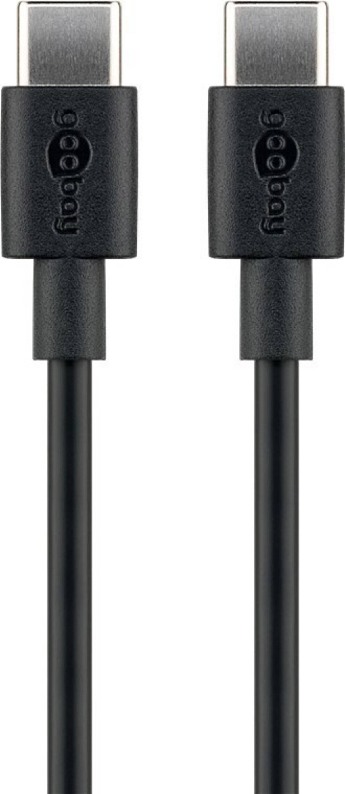 Zwei schwarze USB-C-Kabel mit Metallsteckern, nebeneinander auf weißem Hintergrund dargestellt.