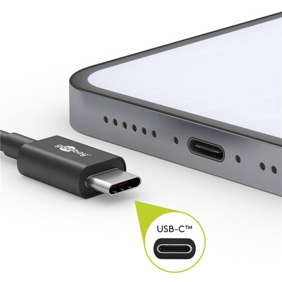 Ein USB-C-Kabel in der Nähe eines kompatiblen Telefonports, der den umkehrbaren Anschlussdesign für Laden und Datenübertragung hervorhebt.