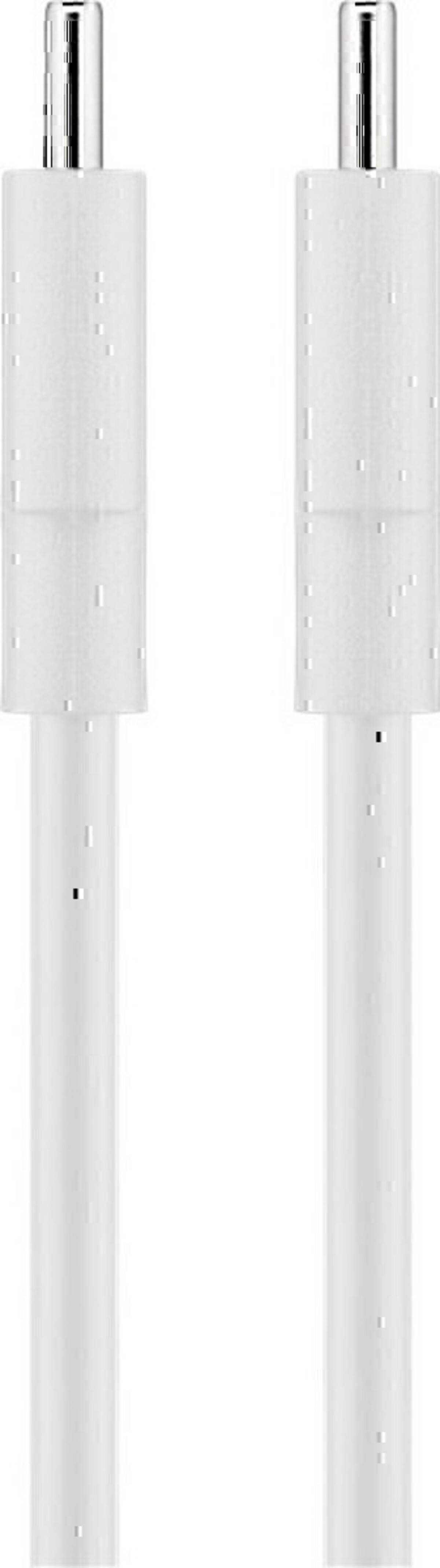 Zwei weiße isolierte elektrische Bananenstecker nebeneinander auf einfachem Hintergrund gezeigt.