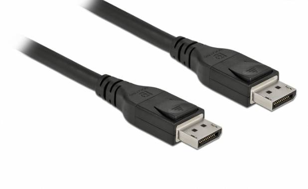 Zwei schwarze DisplayPort-Kabel mit Steckern vor weißem Hintergrund.