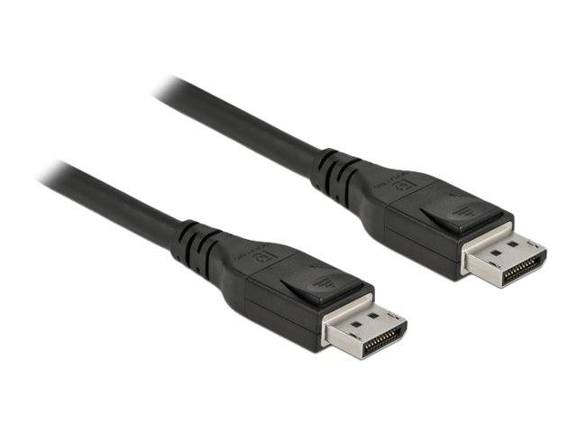 Zwei schwarze DisplayPort-Kabel mit Steckern vor weißem Hintergrund.