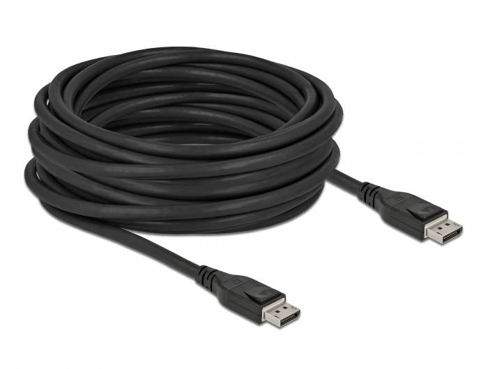 Aufgerolltes schwarzes DisplayPort-Kabel mit männlichen Steckern an beiden Enden.