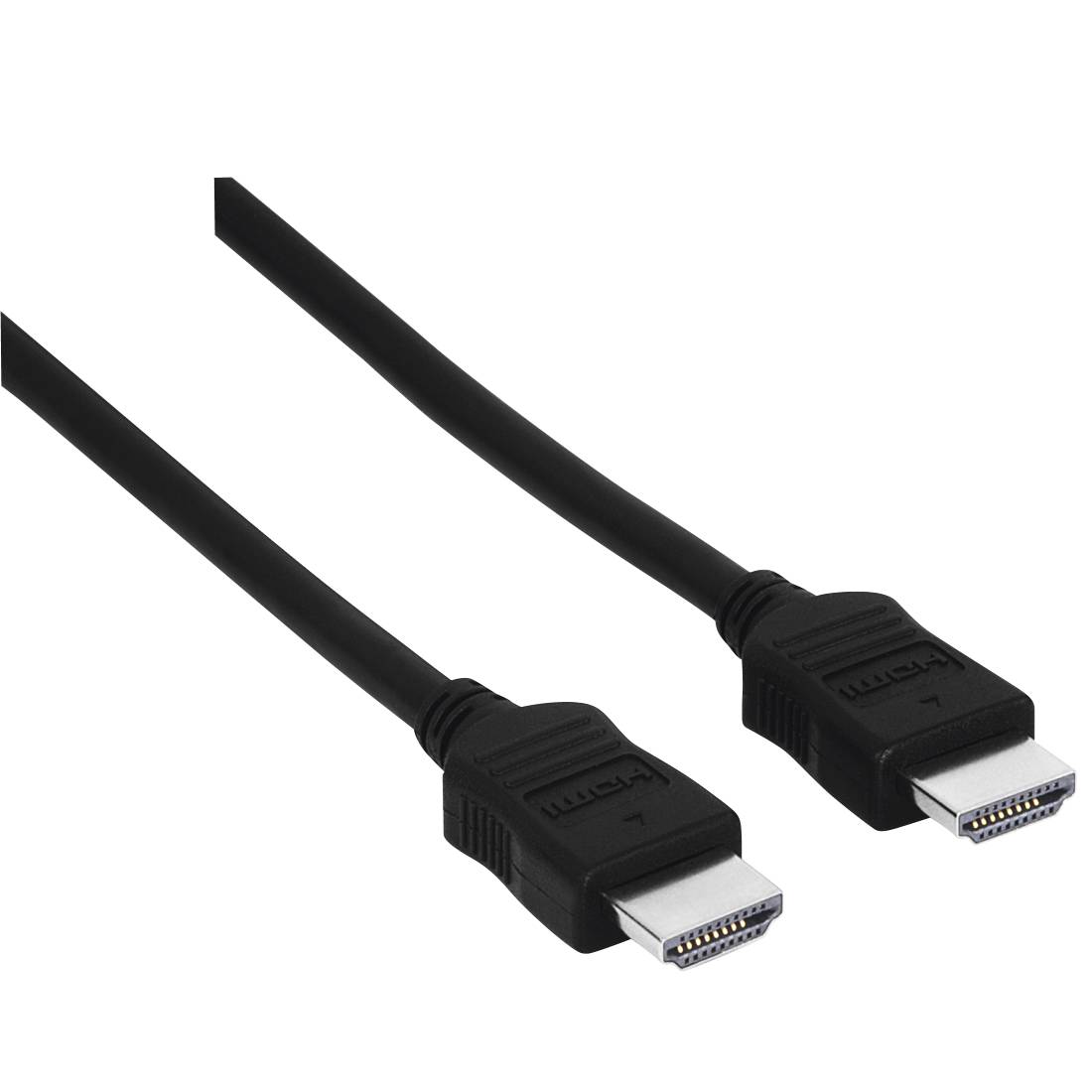 Zwei HDMI-Stecker-Verbindungskabel auf schwarzem Hintergrund, diagonal angeordnet mit sichtbaren Steckern.