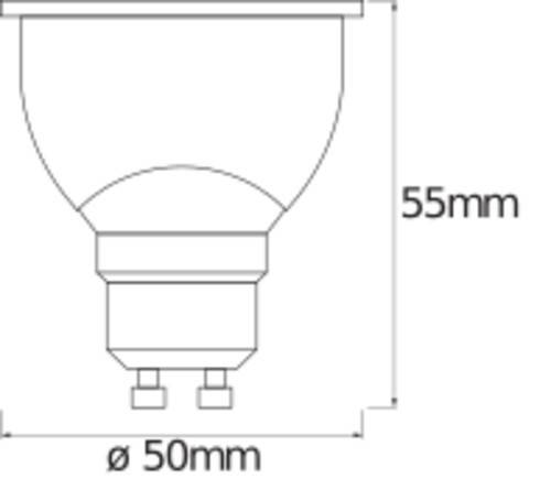 Diagramm einer Glühlampe mit Maßen: 50 mm Durchmesser und 55 mm Höhe.