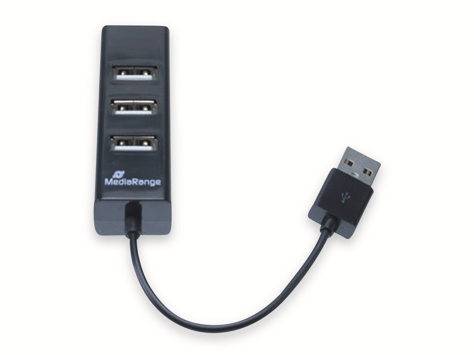 Ein schwarzer USB-Hub mit drei Anschlüssen, der durch ein kurzes Kabel mit einem USB-Stecker verbunden ist, mit der Beschriftung 'MediaRange'.