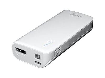 Tragbare weiße Powerbank mit USB-A-Ausgang, Taschenlampe, USB-C-Eingang und Batteriestatus-Anzeigen oben.
