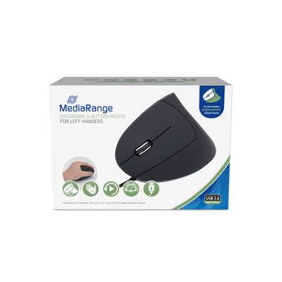 MediaRange MROS231, Linkshändig, Vertikale Ausführung, Optisch, USB Typ-A, 2400 DPI, Schwarz