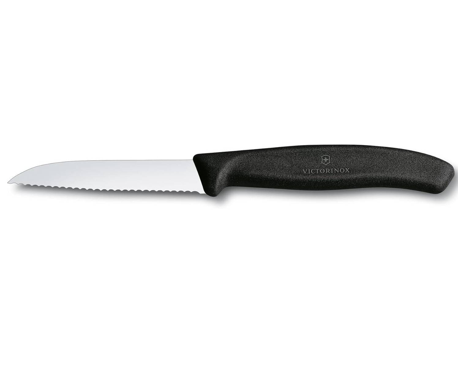Victorinox, 6.7433, Swiss Classic, Gemüsemesser, Extra scharfe Klinge, mit Wellenschliff, robuster Kunststoff-Griff, Schwarz, Made in Switzerland