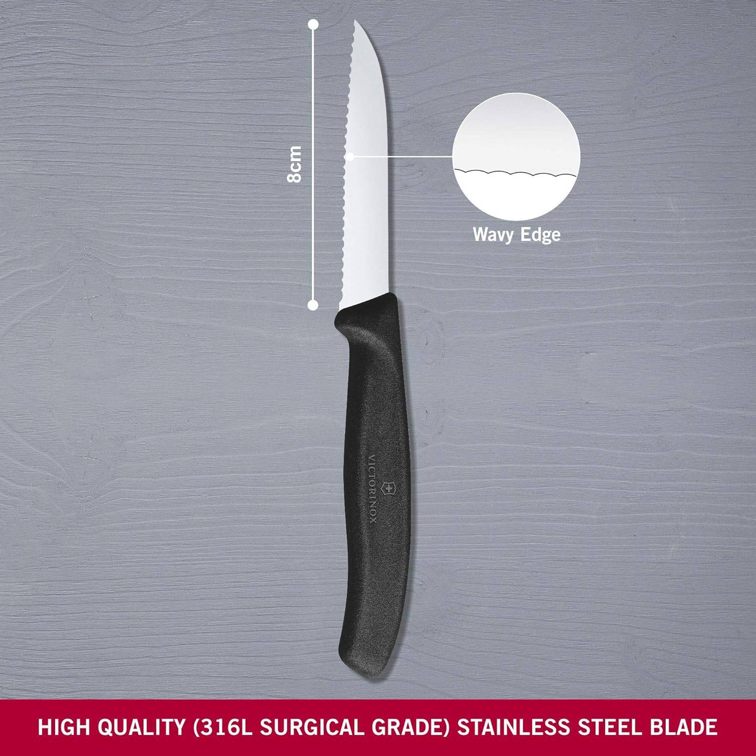 Victorinox, 6.7433, Swiss Classic, Gemüsemesser, Extra scharfe Klinge, mit Wellenschliff, robuster Kunststoff-Griff, Schwarz, Made in Switzerland