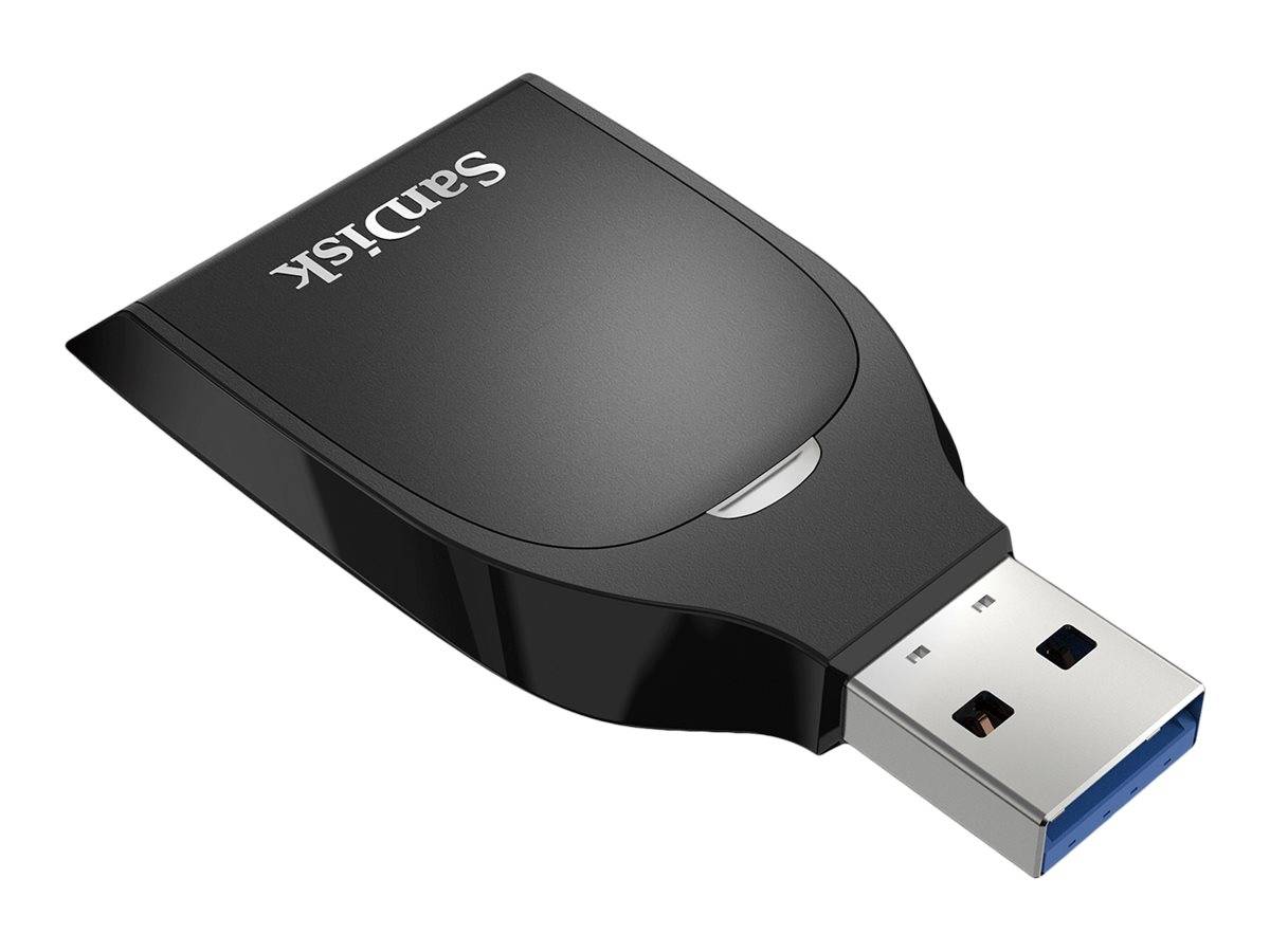 Schwarzes SanDisk USB-Flash-Laufwerk auf weißem Hintergrund, angewinkelt mit freiliegendem Anschluss dargestellt.