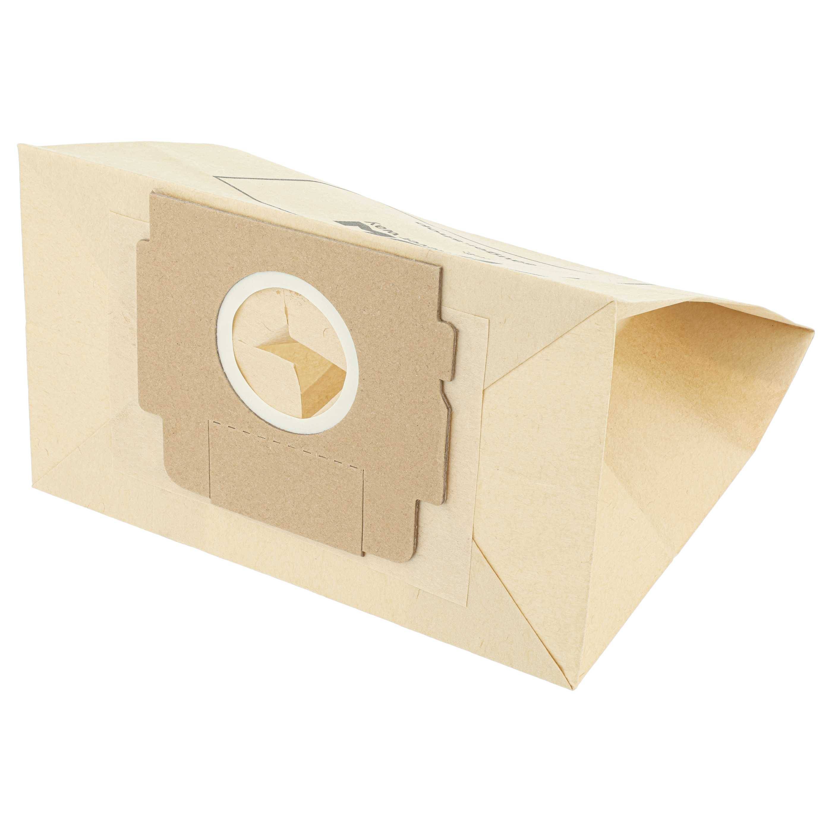Beige Staubsaugerbeutel mit Kartonstutzen und kreisförmiger Öffnung, in Seitenansicht auf weißem Hintergrund dargestellt.