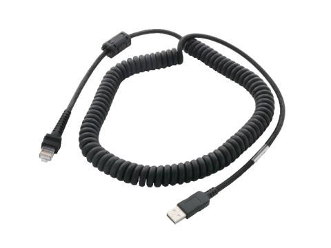 Aufgerolltes USB-Kabel mit zwei Steckern, ein USB-A-Stecker und ein Ethernet-Stecker im RJ45-Stil, gezeigt auf weißem Hintergrund.
