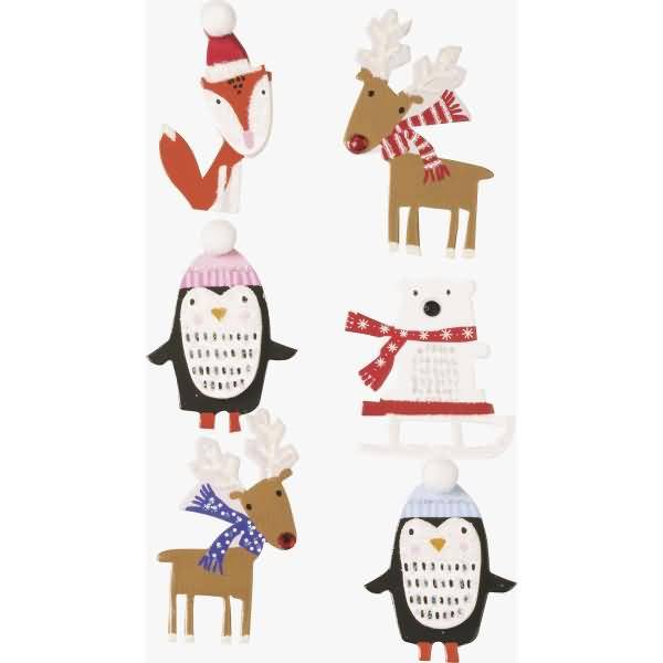Sticker-Etikett Weihnachtstiere 6 Stück 4-farbig