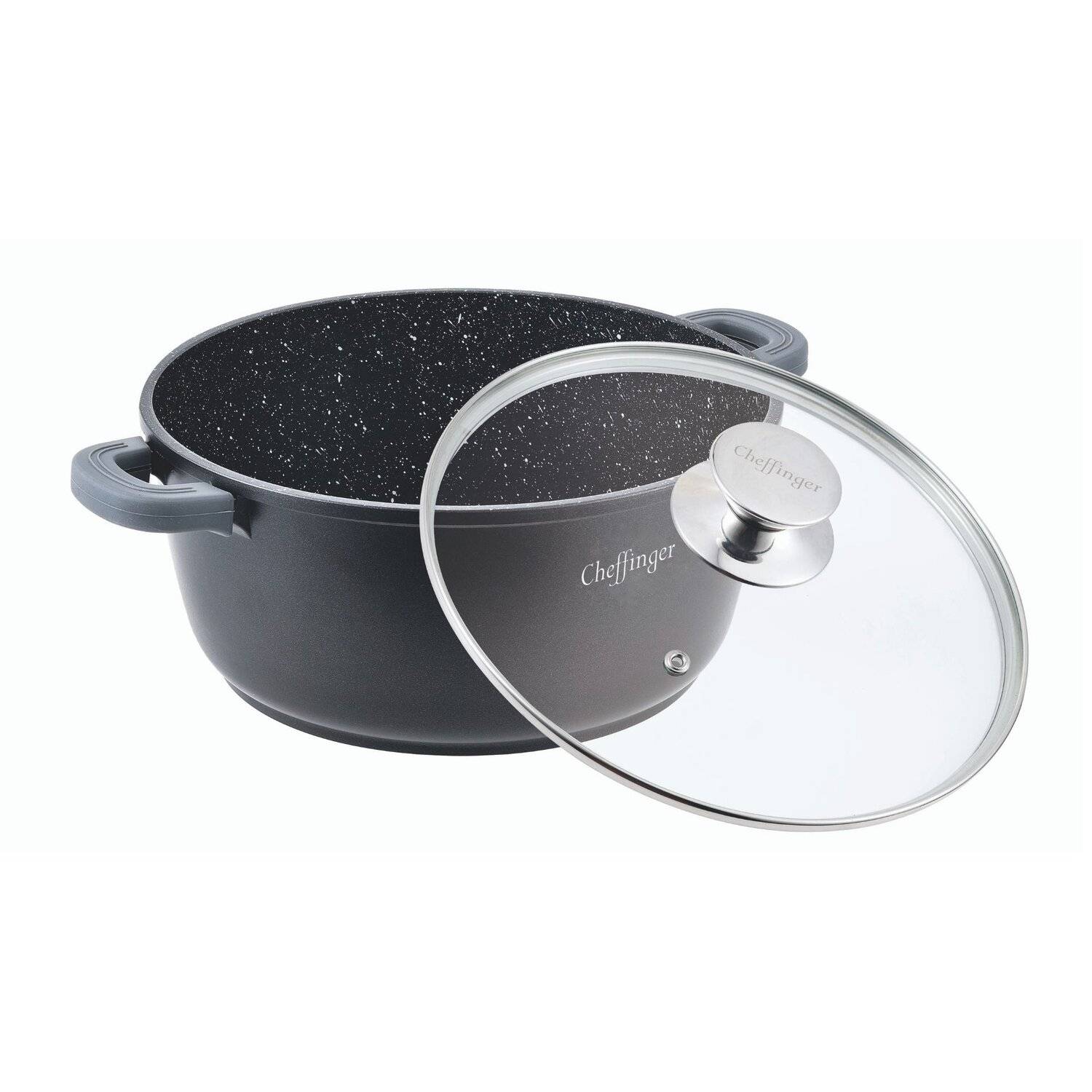 Kochtopf Aluguss Glasdeckel Ø36cm Induktion Marmorbeschichtung Suppentopf Pfanne schwarz