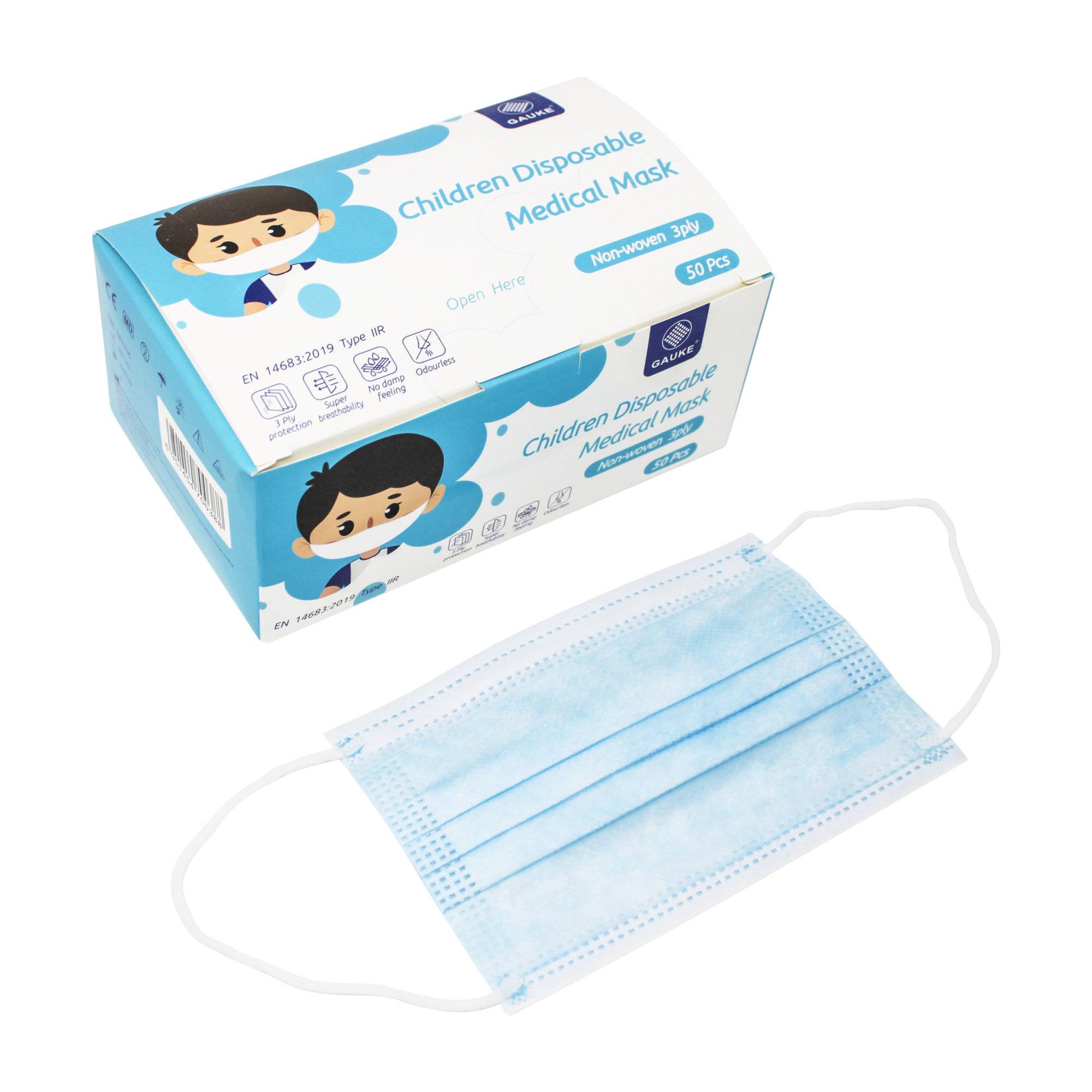 Mundschutz für Kinder 3-lagig TYP II R, 50 Stück EN 14683 (Typ IIR) blau