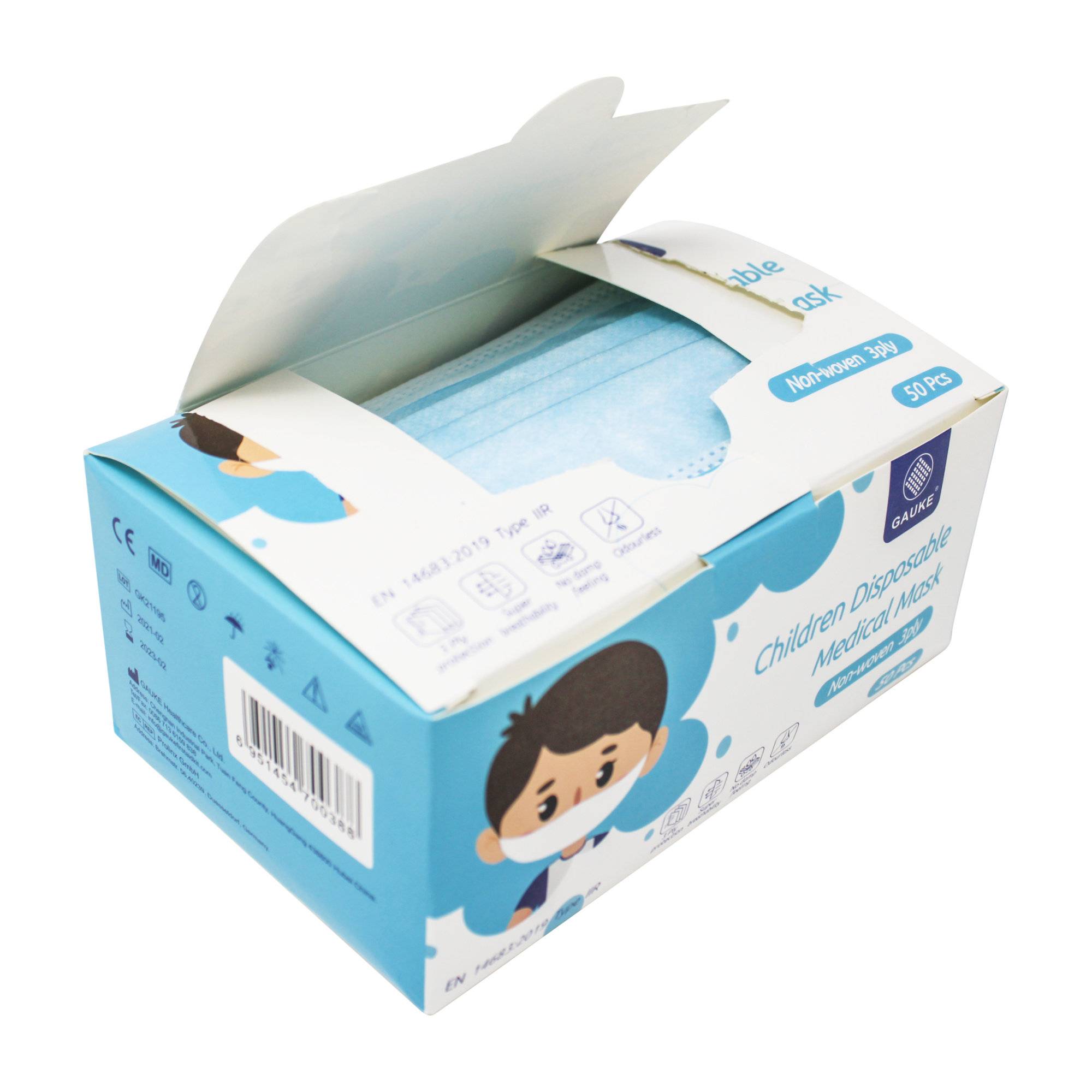 Mundschutz für Kinder 3-lagig TYP II R, 50 Stück EN 14683 (Typ IIR) blau