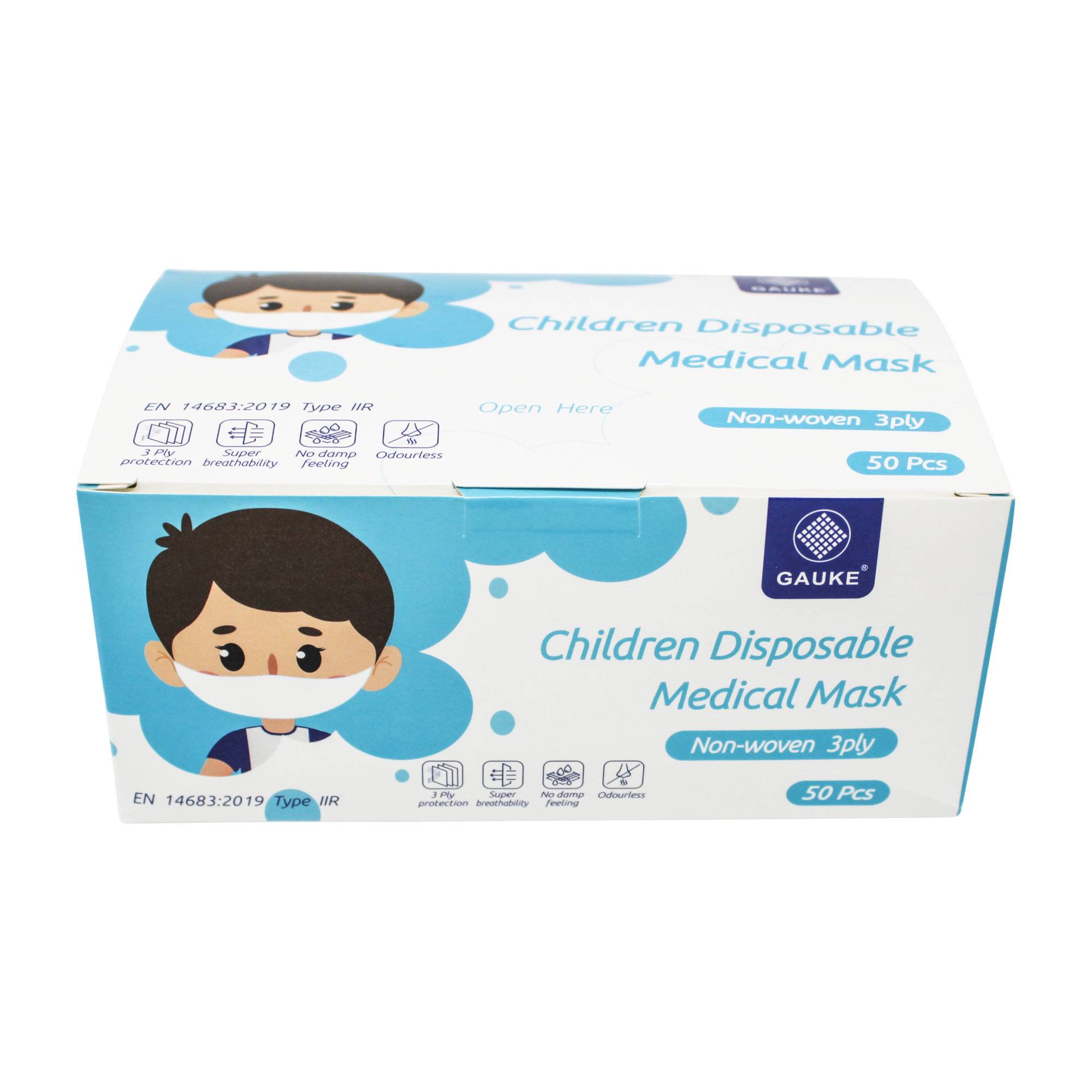 Mundschutz für Kinder 3-lagig TYP II R, 50 Stück EN 14683 (Typ IIR) blau