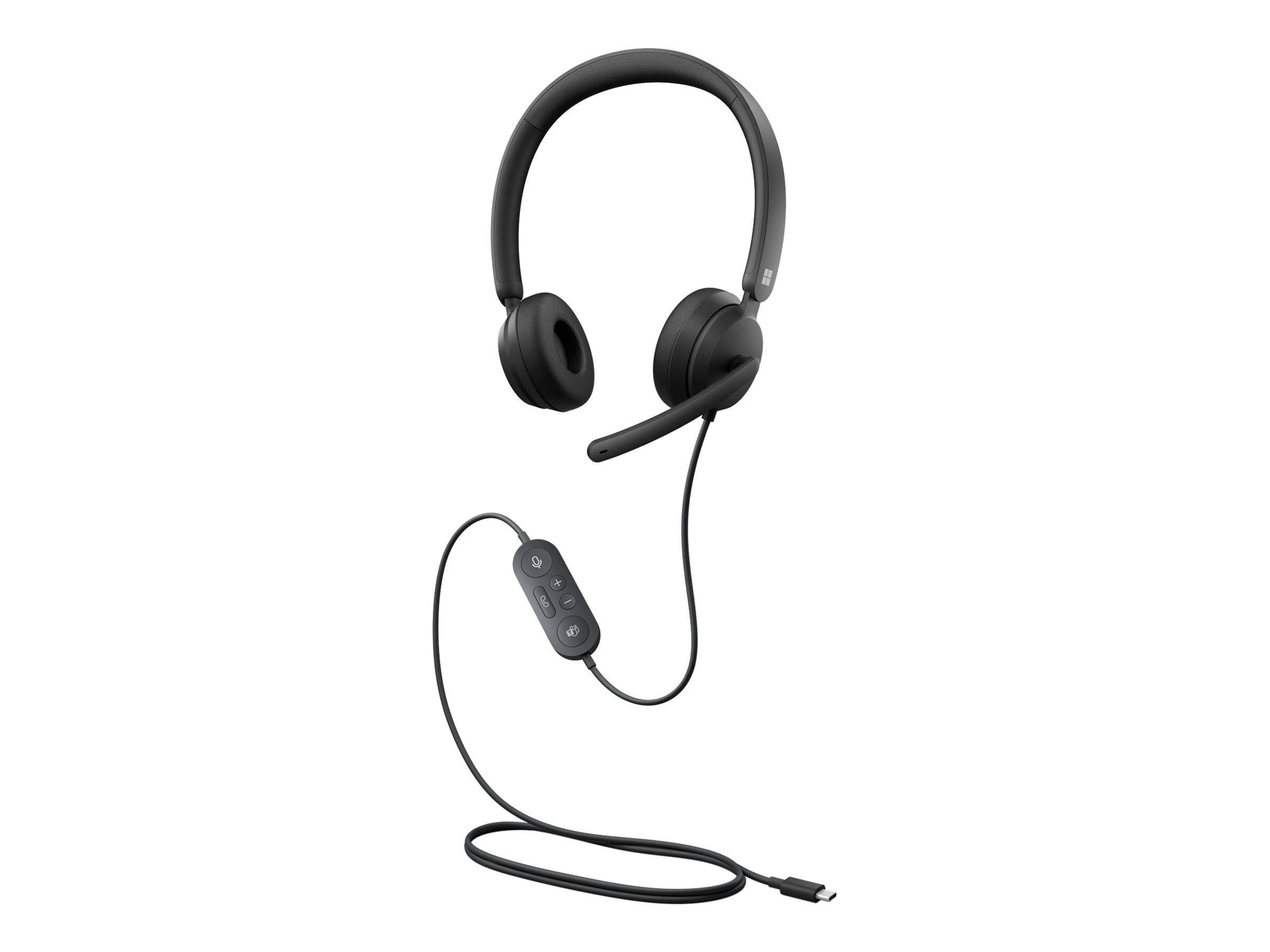 Schwarzes Over-Ear-Headset mit angebrachtem Boom-Mikrofon und Inline-Steuerung am Kabel, gezeigt vor weißem Hintergrund.