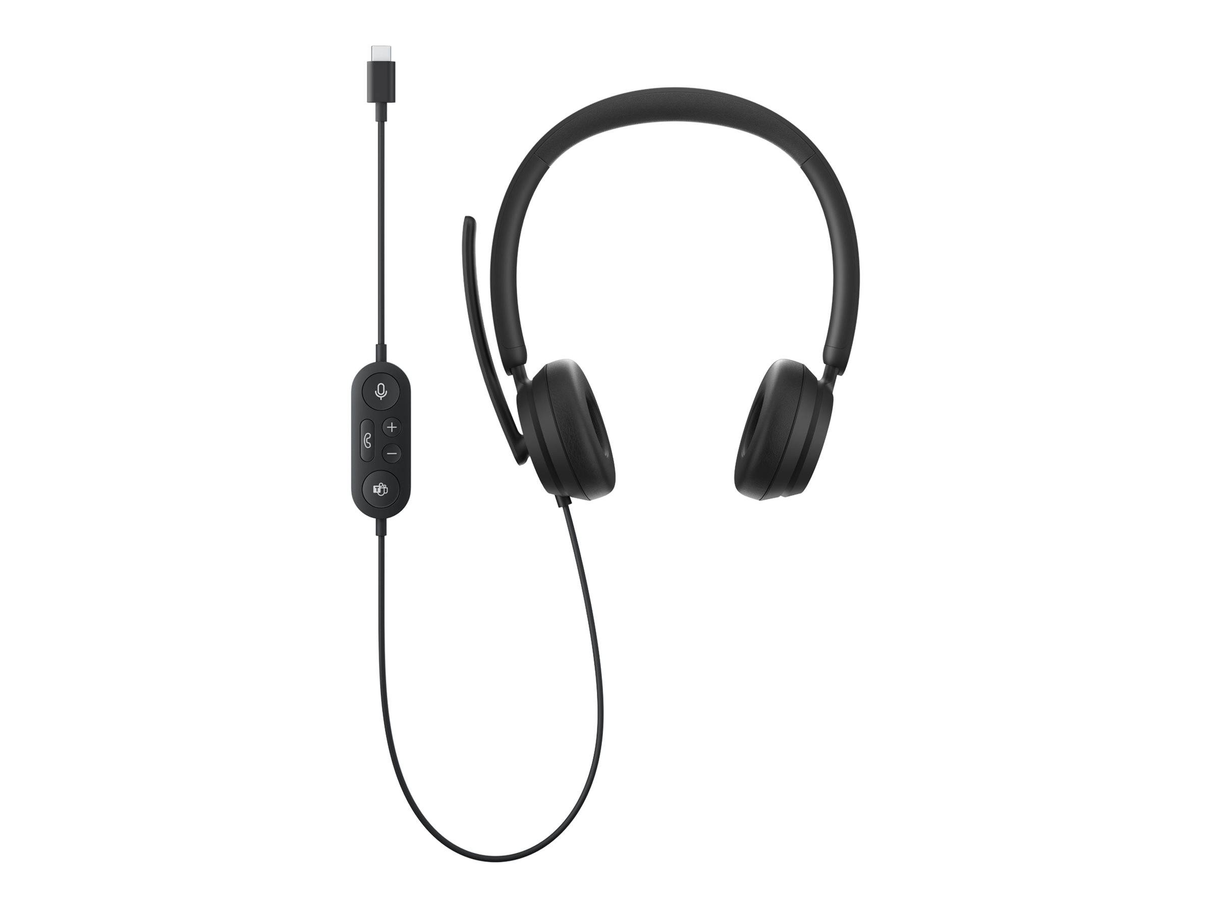 Schwarzes Over-Ear-Kopfhörer-Set mit Inline-Steuermodul und angebrachtem Kabel auf weißem Hintergrund