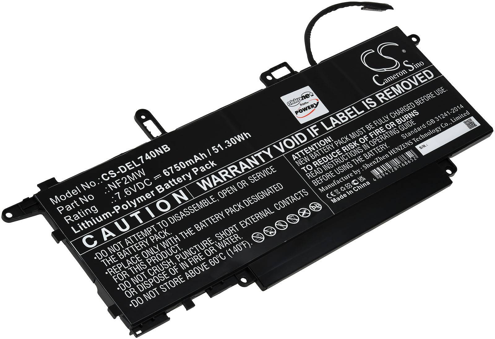 Powery Akku kompatibel mit Dell Typ NF2MW, 7,6V, Li-Polymer