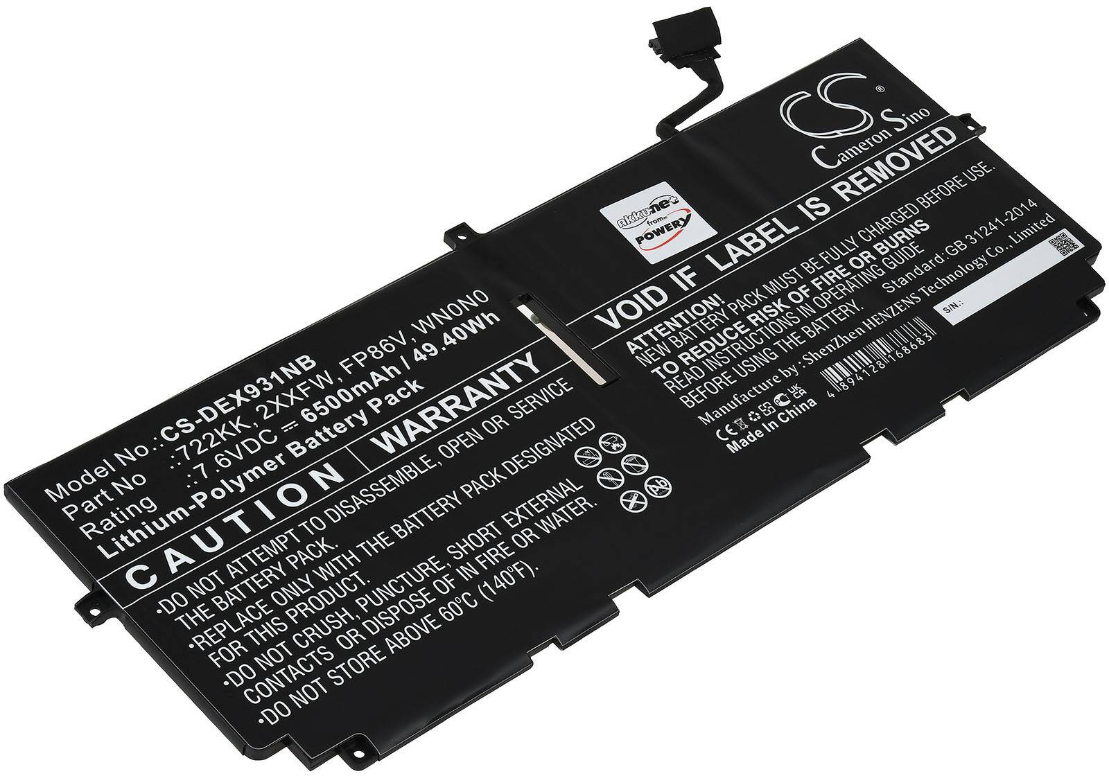 Powery Akku kompatibel mit Dell Typ FP86V, 7,6V, Li-Polymer