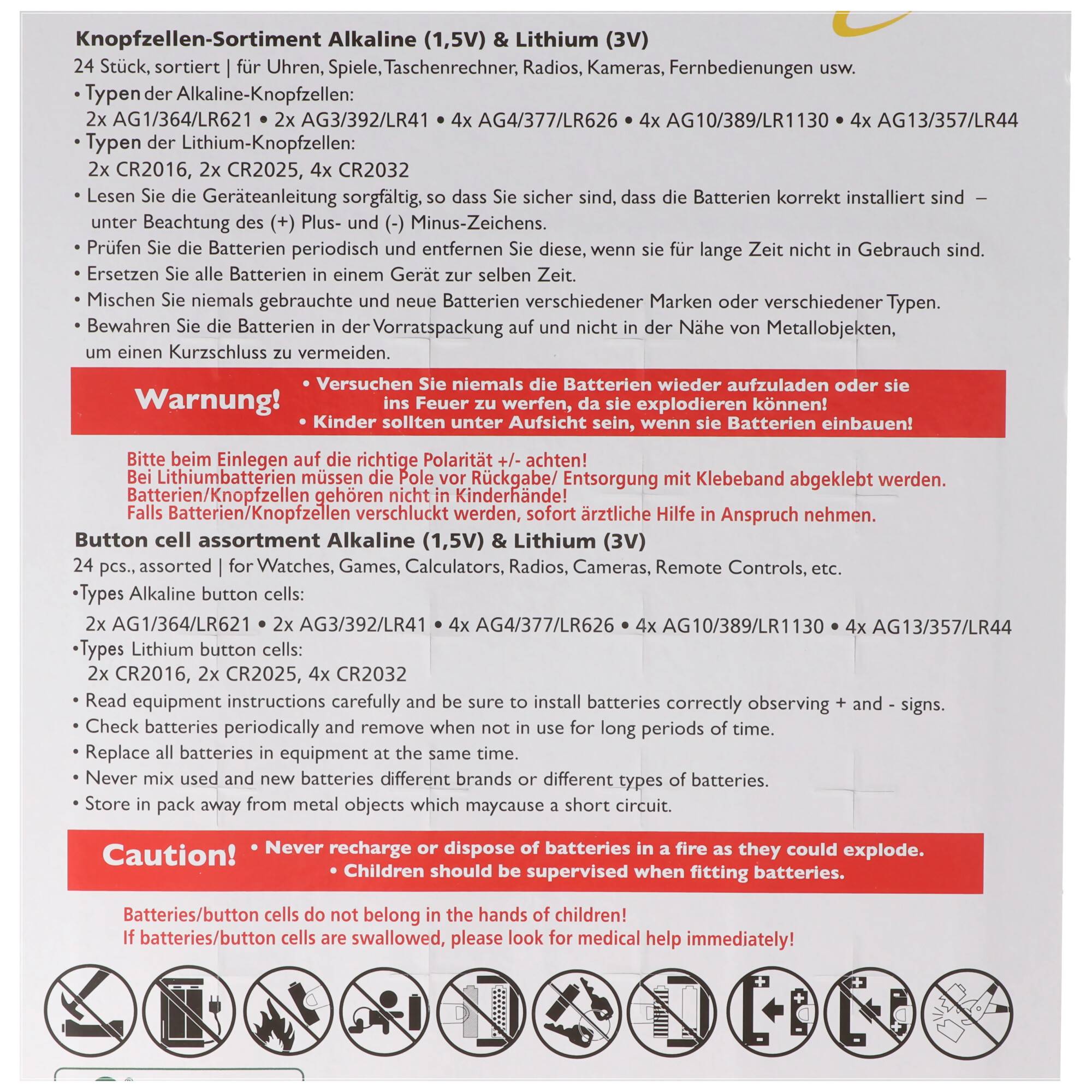 24 Stück Alkaline und Lithium Knopfzellen Batterien, für viele Anwendungsgebiete, sortiert im Set