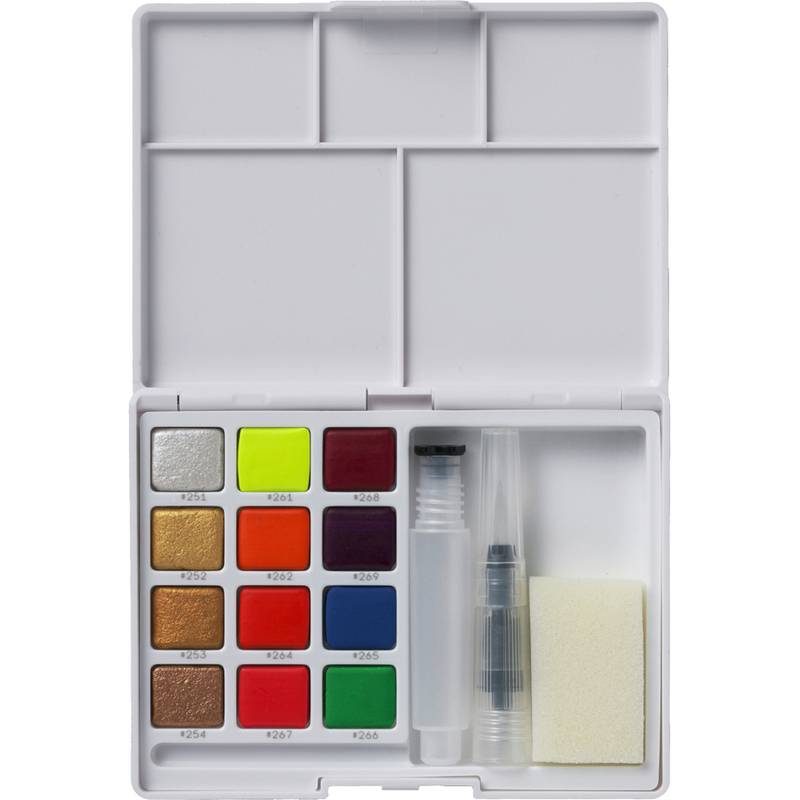 Ein kompaktes Aquarellfarben-Set mit 12 lebhaften Farben, einem Pinselstift und einem Schwamm, ordentlich in einem weißen Plastikkoffer angeordnet.