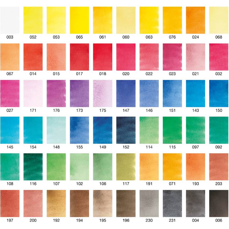 Ein Raster aus 60 Aquarell-Farbfeldern in verschiedenen Farben, darunter Gelbtöne, Rottöne, Violetttöne, Blautöne, Grüntöne und Brauntöne, die jeweils mit einer Nummer beschriftet sind.