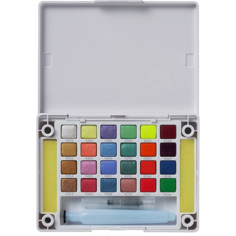 Ein Aquarellfarben-Set mit 24 lebendigen Farben, die jeweils mit Nummern beschriftet sind. Ein Wasserpinsel ist am Boden des Kästchens enthalten.