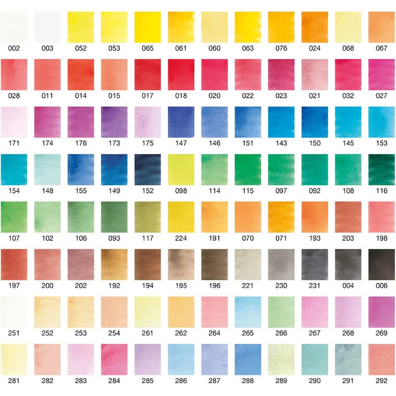 Ein Raster von Aquarellfarben, jede mit einer Nummer von 002 bis 292 beschriftet, das eine Vielzahl von Farbtönen einschließlich Rot, Blau, Grün und Gelb zeigt.
