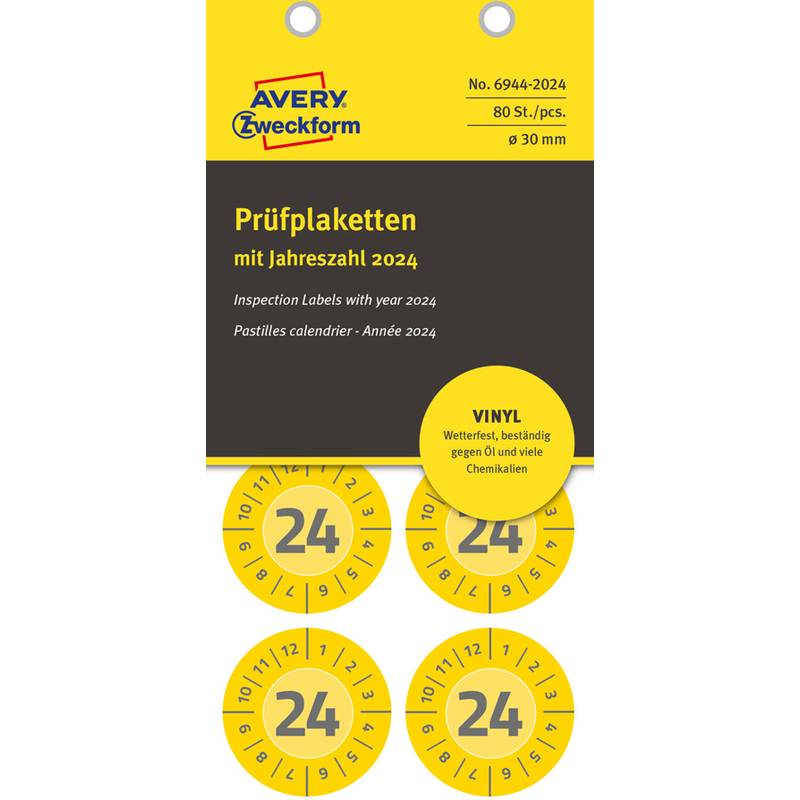 AVERY Zweckform Prüfplaketten, 2024, Vinyl, gelb, 30 mm