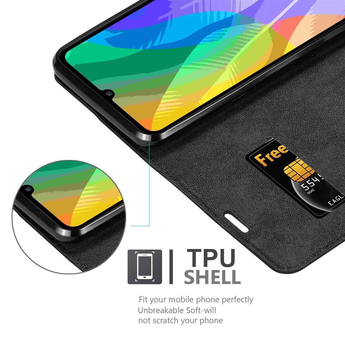 Cadorabo Hülle für Huawei Y6P Schutz Hülle in Schwarz Handyhülle Etui Case Cover Magnetverschluss