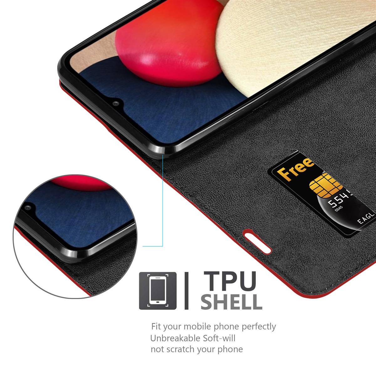 Cadorabo Hülle für Samsung Galaxy A02s Schutz Hülle in Rot Handyhülle Etui Case Cover Magnetverschluss