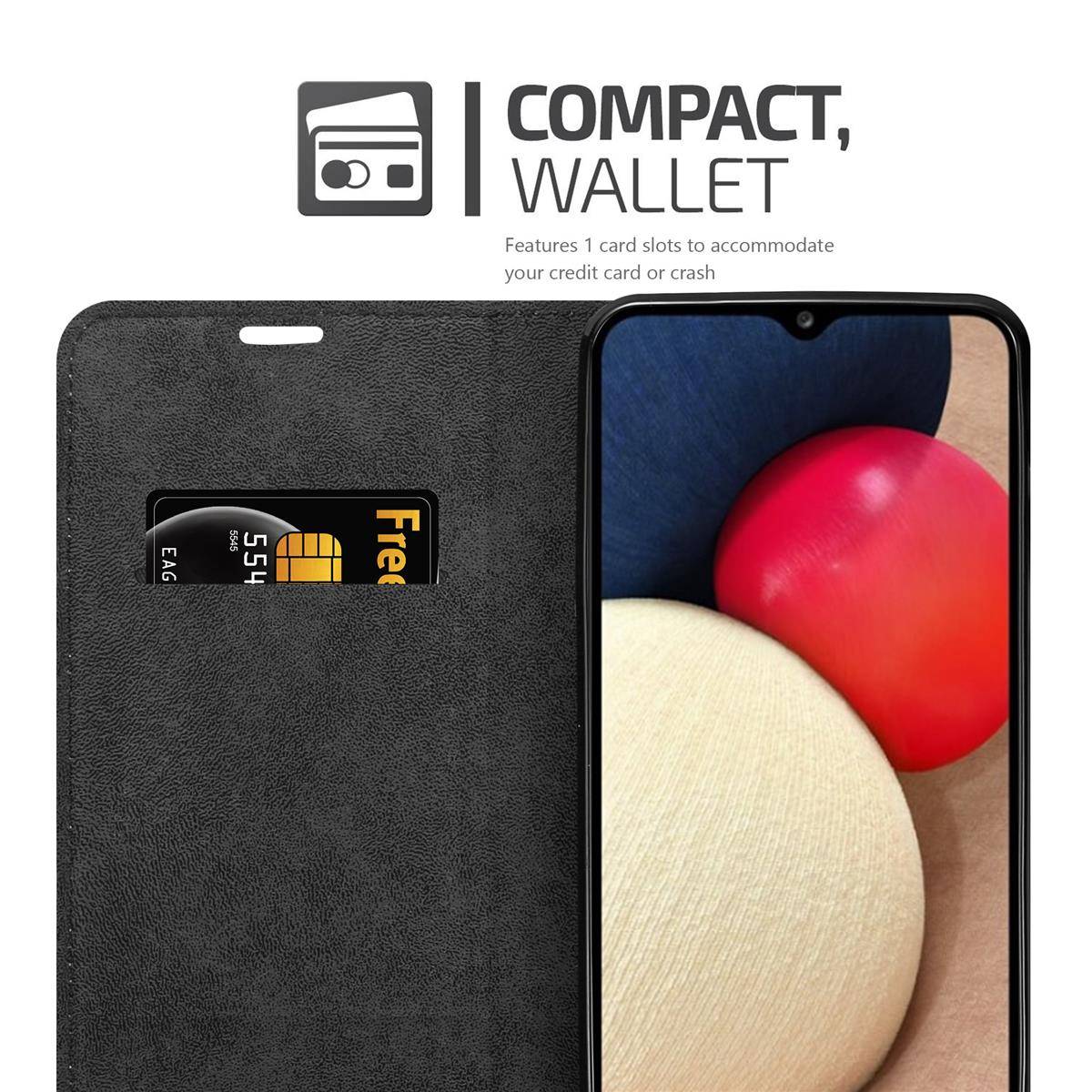 Cadorabo Hülle für Samsung Galaxy A02s Schutz Hülle in Schwarz Handyhülle Etui Case Cover Magnetverschluss