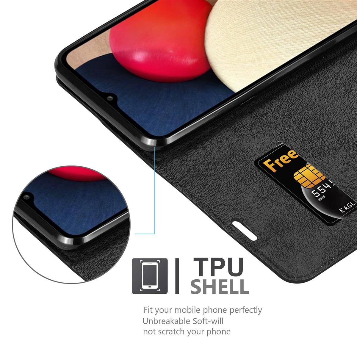 Cadorabo Hülle für Samsung Galaxy A02s Schutz Hülle in Schwarz Handyhülle Etui Case Cover Magnetverschluss