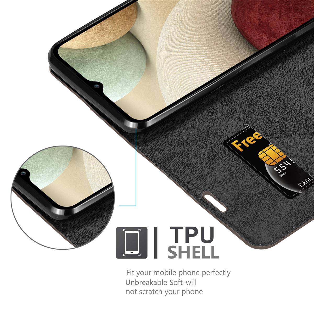 Cadorabo Hülle für Samsung Galaxy A12 / M12 Schutz Hülle in Braun Handyhülle Etui Case Cover Magnetverschluss