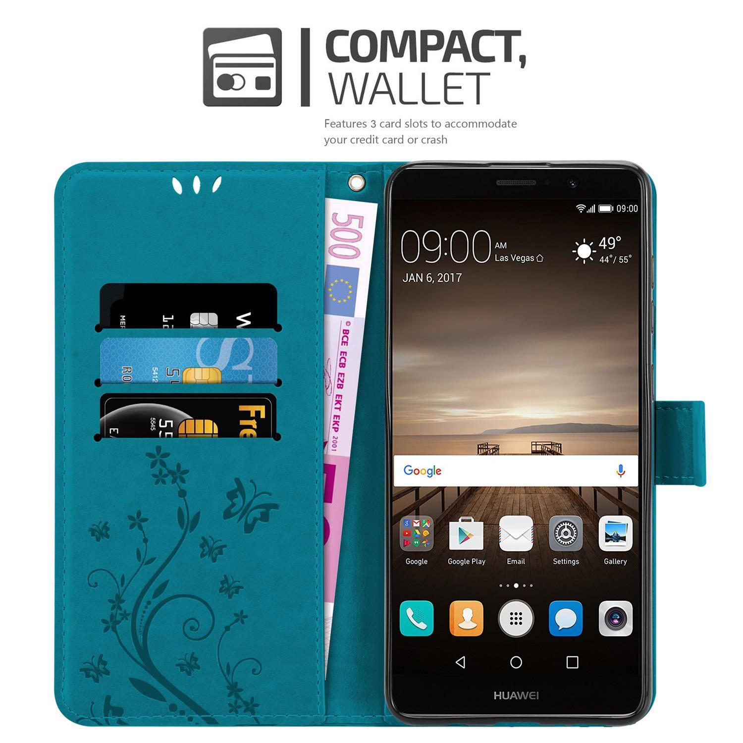 Cadorabo Hülle für Huawei MATE 9 Schutz Hülle in Blau Schutzhülle Handy Hülle Etui Case Blumen Flower