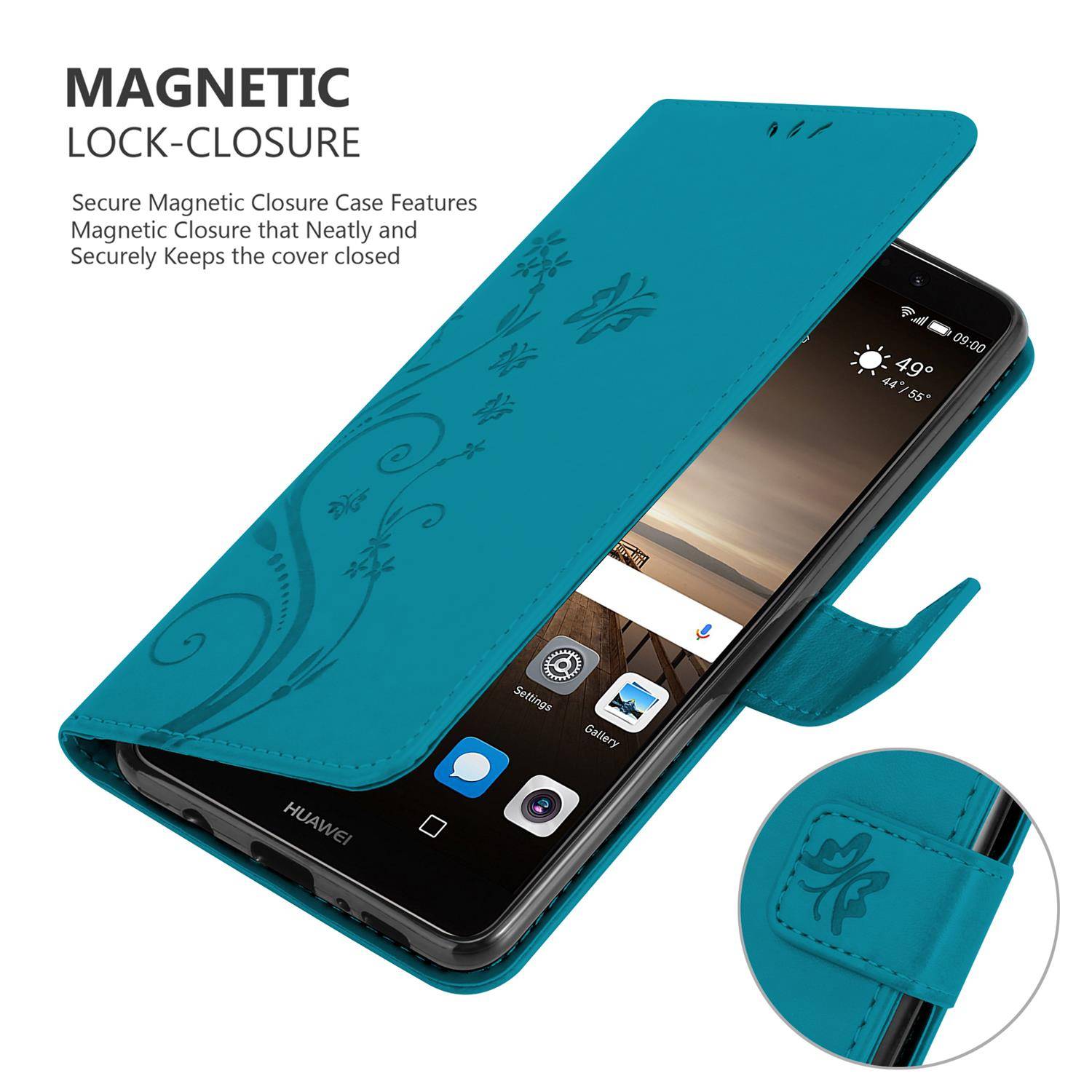 Cadorabo Hülle für Huawei MATE 9 Schutz Hülle in Blau Schutzhülle Handy Hülle Etui Case Blumen Flower